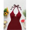 image:imageGORGLITTER Womens Vacation Outfits Crochet Halter Mini Dress Summer Beach Bow Tie Backless Bodycon Knit Festival SundressPlain Burgundy