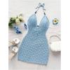 image:imageGORGLITTER Womens Vacation Outfits Crochet Halter Mini Dress Summer Beach Bow Tie Backless Bodycon Knit Festival SundressSolid Blue