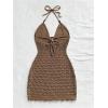 image:imageGORGLITTER Womens Vacation Outfits Crochet Halter Mini Dress Summer Beach Bow Tie Backless Bodycon Knit Festival SundressSolid Khaki