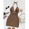 image:imageGORGLITTER Womens Vacation Outfits Crochet Halter Mini Dress Summer Beach Bow Tie Backless Bodycon Knit Festival SundressSolid Khaki