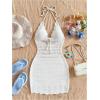 image:imageGORGLITTER Womens Vacation Outfits Crochet Halter Mini Dress Summer Beach Bow Tie Backless Bodycon Knit Festival SundressWhite