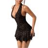 image:imageGORGLITTER Womens Western Halter Mini Dress Cowgirl Boho Y2K Ruched Backless V Neck Vintage Summer Short DressesBrown