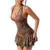 image:imageGORGLITTER Womens Western Halter Mini Dress Cowgirl Boho Y2K Ruched Backless V Neck Vintage Summer Short DressesCoffee Brown