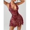image:imageGORGLITTER Womens Western Halter Mini Dress Cowgirl Boho Y2K Ruched Backless V Neck Vintage Summer Short DressesRed