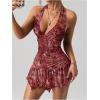 image:imageGORGLITTER Womens Western Halter Mini Dress Cowgirl Boho Y2K Ruched Backless V Neck Vintage Summer Short DressesRed