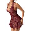 image:imageGORGLITTER Womens Western Halter Mini Dress Cowgirl Boho Y2K Ruched Backless V Neck Vintage Summer Short DressesRed