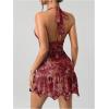 image:imageGORGLITTER Womens Western Halter Mini Dress Cowgirl Boho Y2K Ruched Backless V Neck Vintage Summer Short DressesRed