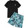 image:imageGORGLITTER Mens 2 Piece Short Sleeve Graphic Tee Hawaiian Printed Drawstring Shorts SetBlack and Green