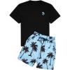image:imageGORGLITTER Mens 2 Piece Short Sleeve Graphic Tee Hawaiian Printed Drawstring Shorts SetBlack and Light Blue