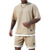 image:imageGORGLITTER Mens Sets 2 Piece Outfits Casual Drop Shoulder Short Sleeve T Shirt and Elastic Waist Shorts SetKhaki