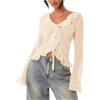 image:imageGORGLITTER Womens Bell Sleeve Mesh Sheer Top Tie Front Ruffle See Through Going Out Blouses Vacation Holiday OutfitsApricot