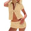 image:imageGORGLITTER Womens Crochet Short Sets Short Sleeve Button Down Cardigan Top and Shorts Vacation OutfitsKhaki