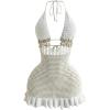 image:imageGORGLITTER Womens Vacation Outfit Crochet Halter Knit Bubble Mini Dress Sexy Beach Cruise Summer Miami Resort OutfitsWhite Shell
