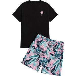 image:imageGORGLITTER Mens 2 Piece Short Sleeve Graphic Tee Hawaiian Printed Drawstring Shorts SetBlack