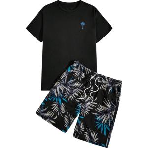 image:imageGORGLITTER Mens 2 Piece Short Sleeve Graphic Tee Hawaiian Printed Drawstring Shorts SetBlack Leaf