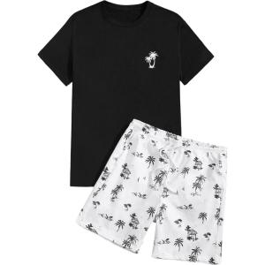 image:imageGORGLITTER Mens 2 Piece Short Sleeve Graphic Tee Hawaiian Printed Drawstring Shorts SetBlack and White