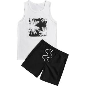 image:imageGORGLITTER Mens Letter Graphic Round Neck Tank Top and Drawstring Pockets Track Shorts SetBlack and White
