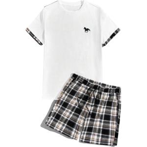 image:imageGORGLITTER Mens Plaid Print Casual Short Sleeve T Shirts and Shorts Tracksuit SetWhite and Black
