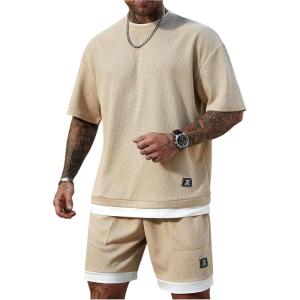 image:imageGORGLITTER Mens Sets 2 Piece Outfits Casual Drop Shoulder Short Sleeve T Shirt and Elastic Waist Shorts SetKhaki