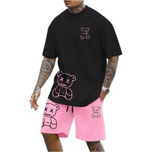 image:imageGORGLITTER Mens Shorts Set 2 Piece Summer Vacation Outfits Y2k Graphic Tee and Gym Workout Track Shorts StreetwearBlack and Pink Cartoon