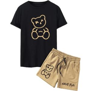 image:imageGORGLITTER Mens Summer Beach Outfits Graphic Tee and Drawstring Waist Cool Shorts Sets Drippy ClothesBlack and Brown