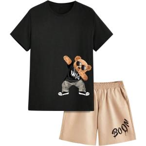 image:imageGORGLITTER Mens Summer Beach Outfits Graphic Tee and Drawstring Waist Cool Shorts Sets Drippy ClothesBlack and Khaki