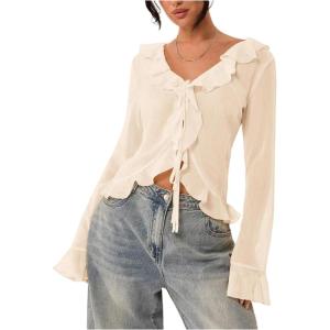 image:imageGORGLITTER Womens Bell Sleeve Mesh Sheer Top Tie Front Ruffle See Through Going Out Blouses Vacation Holiday OutfitsApricot