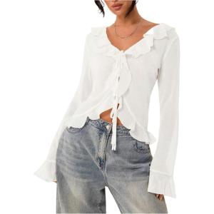image:imageGORGLITTER Womens Bell Sleeve Mesh Sheer Top Tie Front Ruffle See Through Going Out Blouses Vacation Holiday OutfitsWhite