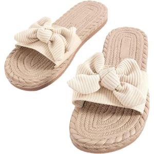image:imageGORGLITTER Womens Bow Sandals Cute Summer Straw Rattan Dressy Boho Open Toe Beach Vacation Shoes Slides 2026Beige