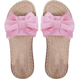 image:imageGORGLITTER Womens Bow Sandals Cute Summer Straw Rattan Dressy Boho Open Toe Beach Vacation Shoes Slides 2026Light Pink