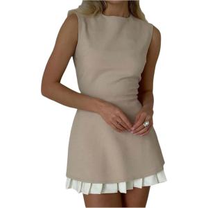 image:imageGORGLITTER Womens Color Block Pleated Mini Dress Ruffle Sleeveless Blazer Dress Business Casual Bodycon Bubble DressesKhaki