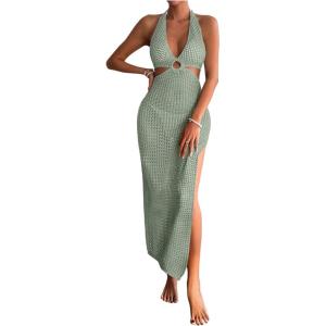 image:imageGORGLITTER Womens Crochet Maxi Dress Halter Knit Backless Swimsuit 2026 Vacation Summer Bathing Suit Beach Cover UpsOlive Green