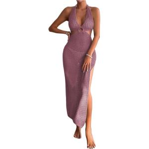 image:imageGORGLITTER Womens Crochet Maxi Dress Halter Knit Backless Swimsuit 2026 Vacation Summer Bathing Suit Beach Cover UpsPink