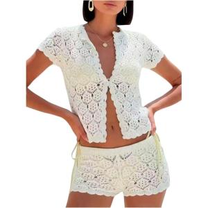 image:imageGORGLITTER Womens Crochet Short Sets Short Sleeve Button Down Cardigan Top and Shorts Vacation OutfitsWhite Crochet