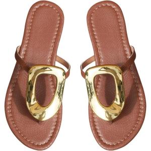 image:imageGORGLITTER Womens Gold Flip Flops Square Toe Summer Sandals 2026 Wedding Dressy Vacation Beach Slides ShoesBrown