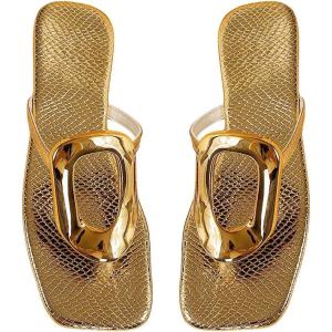 image:imageGORGLITTER Womens Gold Flip Flops Square Toe Summer Sandals 2026 Wedding Dressy Vacation Beach Slides ShoesGold