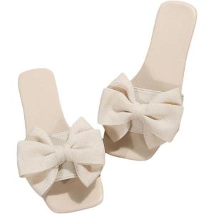 image:imageGORGLITTER Womens Gold Sandals Dressy Cute Summer 2026 Bow Square Toe Trendy Beach Boho Wedding Vacation Slides ShoesBeige B