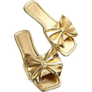 image:imageGORGLITTER Womens Gold Sandals Dressy Cute Summer 2026 Bow Square Toe Trendy Beach Boho Wedding Vacation Slides ShoesGold