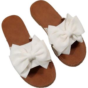 image:imageGORGLITTER Womens Gold Sandals Dressy Cute Summer 2026 Bow Square Toe Trendy Beach Boho Wedding Vacation Slides ShoesWhite