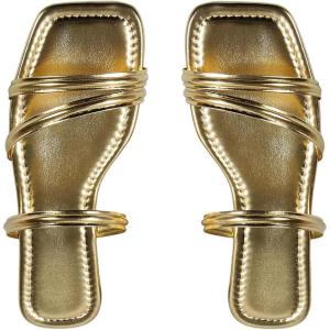 image:imageGORGLITTER Womens Metallic Strappy Flats Sandal Dressy Cute Open Toe Slip on Slides Summer Vacation Beach Sandals 2025Plain Gold
