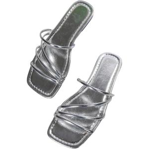 image:imageGORGLITTER Womens Metallic Strappy Flats Sandal Dressy Cute Open Toe Slip on Slides Summer Vacation Beach Sandals 2025Silver Strappy
