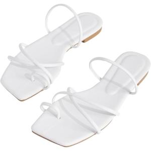 image:imageGORGLITTER Womens Metallic Strappy Sparkly Sandals Dressy Cute Slip on Slide Vacation Summer Weeding Flats SandalsLight White