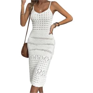image:imageGORGLITTER Womens Vacation Crochet Dresses Summer Beach Boho Seashell Sleeveless Wedding Guest Cover Up Midi DressesWhite