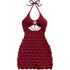 image:imageGORGLITTER Womens Vacation Outfit Crochet Halter Knit Bubble Mini Dress Sexy Beach Cruise Summer Miami Resort OutfitsBurgundy
