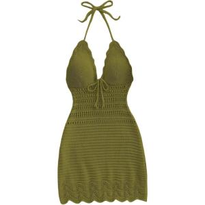 image:imageGORGLITTER Womens Vacation Outfits Crochet Halter Mini Dress Summer Beach Bow Tie Backless Bodycon Knit Festival SundressGreen