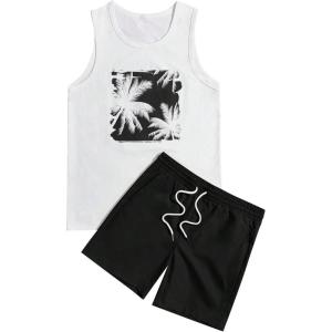 image:imageMens 2 Piece Outfits Tropical Print Sleeveless Tank Top and Shorts Set