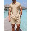 image:imageGORGLITTER Mens 2 Piece Outfits Waffle Knit Button Down Shirt Top and Shorts SetLight Khaki