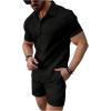 image:imageGORGLITTER Mens 2 Piece Outfits Waffle Knit Button Down Shirt Top and Shorts SetSolid Black