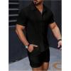 image:imageGORGLITTER Mens 2 Piece Outfits Waffle Knit Button Down Shirt Top and Shorts SetSolid Black
