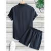 image:imageGORGLITTER Mens 2 Piece Summer Beach Outfits Waffle Knit Short Sleeve Button Down Shirt Top and Shorts SetBlue